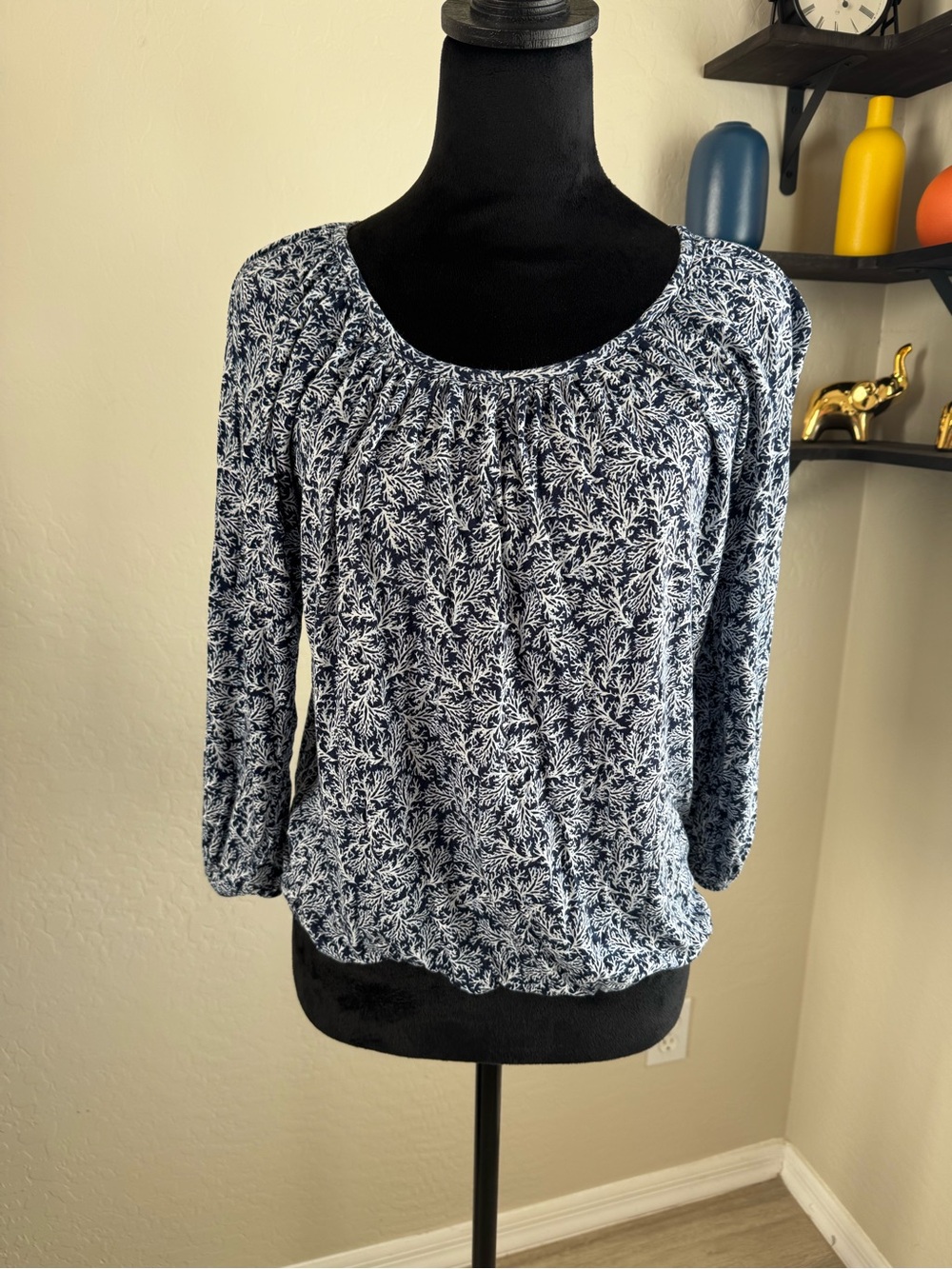 Women’s Navy and White Coral Printed Long-Sleeve Top